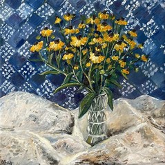 Yellow Daisy Original Oil Painting Flower Wall Art Bouquet 14×14″ signed