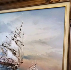 Vintage Signed Baille Seascape Oil Painting Tall Ship Nautical Framed