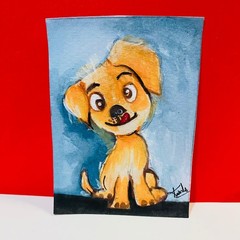 ACEO Cute Puppy Dog Art Whimsical Cartoon Miniature Animal Acrylic Painting NEW