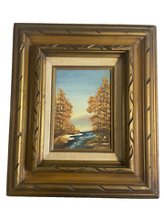 Vintage Fall River Landscape Painting Ornate Gold Frame Rustic Cottage Art 12×14