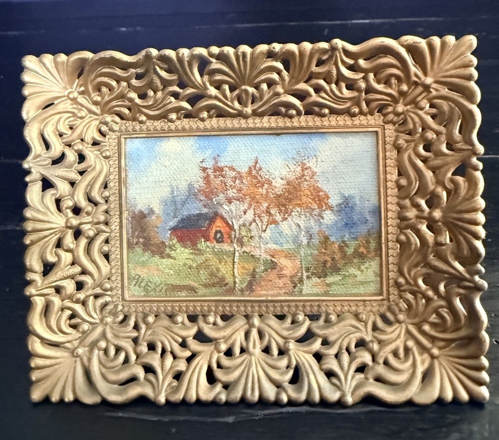 ANTIQUE VINTAGE SIGNED ALEXIS OIL LANDSCAPE 2 1/4” X 3 1/2”