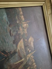 Oil Painting 1930 Mystery Signed Nautical Marina Boats Coastal Dark READ