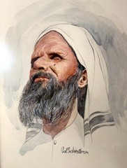 Vintage original Sol Schreibman Jewish Rabbi Man watercolor painting portrait