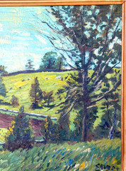 LOVELY HILLSIDE FARM OIL ON CANVASBOARD c1924 Leighton Cram American (1895-1981)