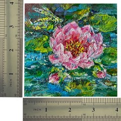 Original Oil Painting Blooming Water Lotus Impasto Small Wall Art 4x4in Signed