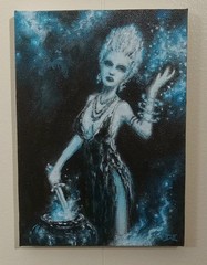 Cold Magic, original miniature fantasy pin up acrylic painting, 5×7 inches