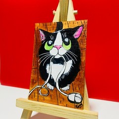 ACEO Tuxedo Cat Playing with Computer Mouse Original Acrylic painting Mini New