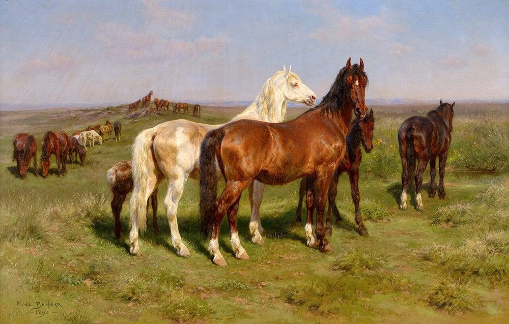Oil painting lovely and cute animals Horses-in-a-Field-Rosa-Bonheur