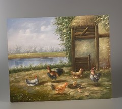 Vntg Original Oil Painting Rooster Chickens Farm Life Lake 24” X 20” Free Ship!
