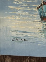 Vintage MCM Oil Painting Signed CRANE Harbor Fishing Boats Nautical Framed Art