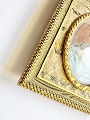 Rare 19th C. French Hand Painted Miniature Portrait Gold Gild & Tapestry Frame