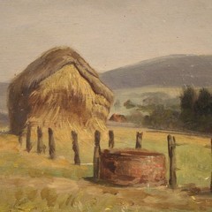 Signed painting artwork oil on board bucolic landscape art 20th century
