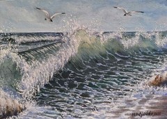 TEXTURED IMPASTO OIL Original Art Painting BERDS WAVES SKY Landscape Seascape A4