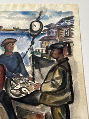 Antique New Jersey Painting Black Fisherman Fish Market Maurice Bilton Rare