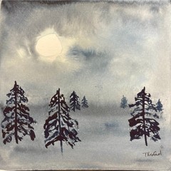 Hand painted watercolor original painting moonlight night fog trees