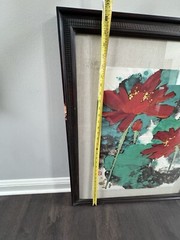 Original Chinese Watercolor Of Bold Red Lotus Flowers Artist signed 32.5”x27.5”