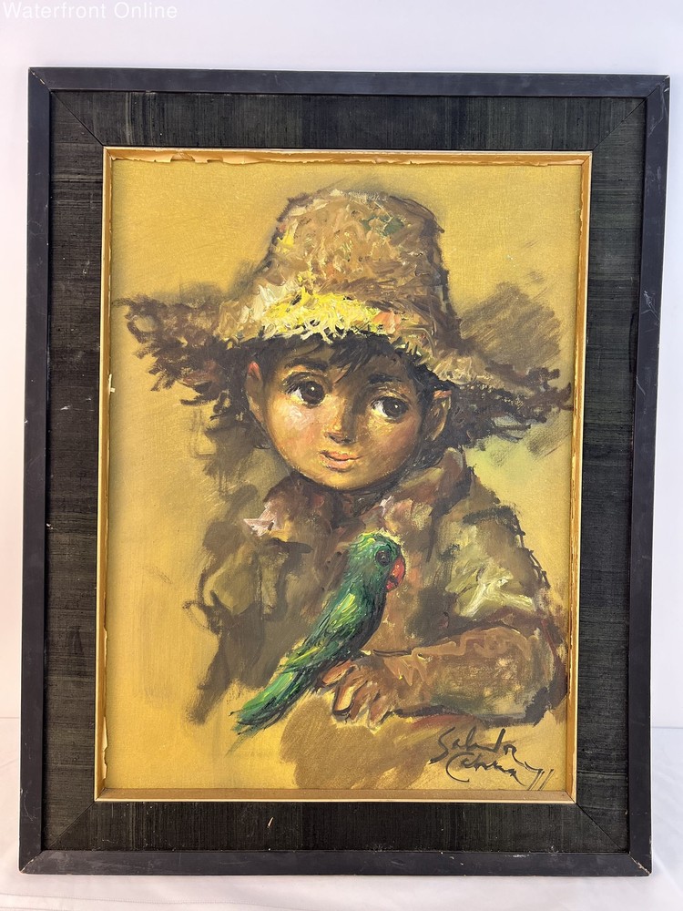 Big-Eyed Boy with Parrot Oil Painting by Salvador Cabrera Signed 1971 Vintage