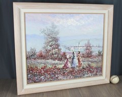 Victorian Ladies, landscape w village painting 24 x 20 Marie Charlot attribution