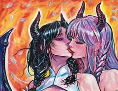 Original Anime Painting A4 Demon Girls Kiss LGBT Fantasy Handmade OOAK Wall Art