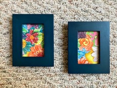 Pair (2) 2025 Original ACEO Watercolor Paintings, Modern Teal Frames; Florals