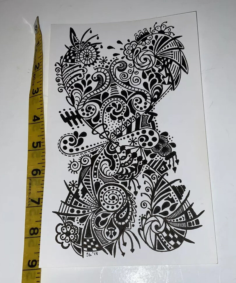 Original Ink Drawing Signed By Artist. Black & White, Modern Doodle Art. 9×5.5 “