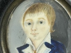 Antique Watercolor Portrait Miniature c1795-1805 Young Boy Ebonized Frame 3″