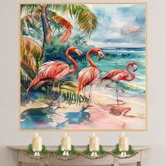 Watercolor Flamingos by Tropical Shoreline in Coastal Beach Canvas Art Print