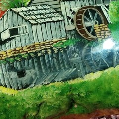 HAND PAINTED & SIGNED ROCK FALL SCENE & WATER MILL ARTIST SHELLACED