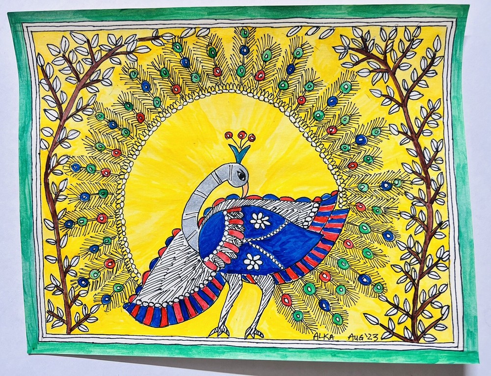 Madhubani painting Peacock India Paper artist signed original 8.5 X 11″ unframed