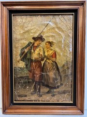 Antique Original Oil Painting on Canvas, Shepherd Boy & Girl, 17 1/2″ x 25 1/2″