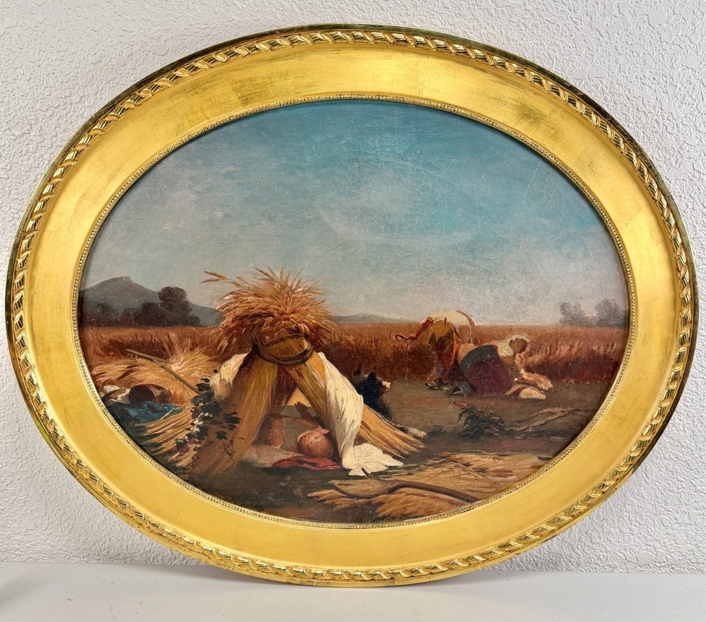 Antique Oil Painting French Farm Landscape Man Woman Impressionist 19th C SIGNED