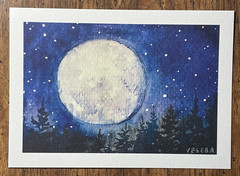 Art Print Watercolor Painting Night Sky Landscape the Moon (5×7 inches) – NEW