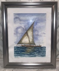 Zanzibar ‘06 Sail Boat Sea Watercolor Signed Custom Matted Framed 13.25”X16.25”