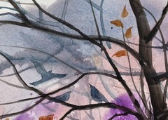 7X10 Original Pamela Wilhelm Watercolor Purple Garden Birds Treetops