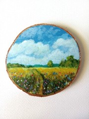 miniature acrylic painting on wood slice Landscape summer field of flowers 4.5in