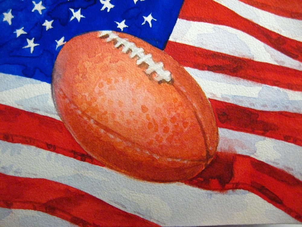 Watercolor Painting American Flag Stars Football Ball Sport Patriotic ACEO Art ‚