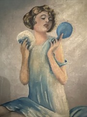 Art Deco Painting Of A Flapper Female Powdering Her Face. Oil On Canvas