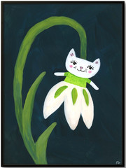 Snowdrop Cat Flower Painting, Fantasy Cat Art 6×8 on wood