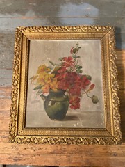 Antique Original Floral Painting Gold Frame 1800’s Pat 1883 Stretcher Corners