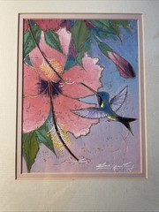 Hummingbird Hibiscus Original Painting Signed Framed Double Matte