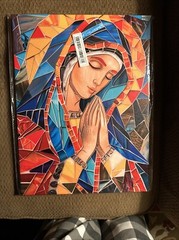 Vibrant Stained Glass Style W/Blessed Mother Canvas Art W/Wooden Frame