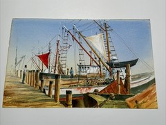 VINTAGE NAUTICAL PAINTING MAURICE SILBER COASTAL MARINA PORT BEACH BOATS FAMOUS