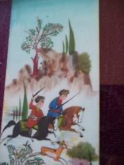 Vintage Persian Inlaid wood detail Frame w/ Men Horseback + Swords hand Painted