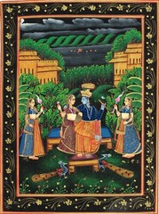 Religious Painting Of Radha Krishna Love Scene Art On Silk Cloth 10×13 Inches