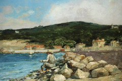 „FISHERMAN ON THE ROCKS“ PAUL GUIGOU 1860’s SIGNED FRENCH OIL ON PANEL.