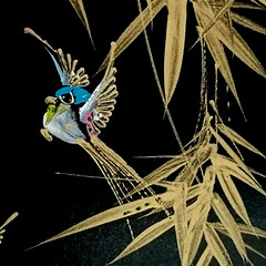 Chinese Oil Painting Bamboo Bird Gold Black Hand-painted Asian Art Plywood 7×10″