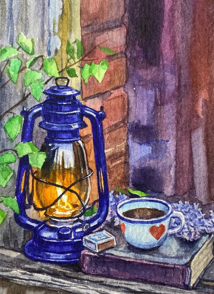 Watercolor Painting Still Life Kerosene lamp Tea Cup Book ACEO Art