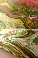 9 X 12 ACRYLIC POUR PAINTING on PAPER GREEN ROSE PINK YELLOW WHITE SATIN GOLD