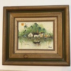 Original Village Scene Oil Painting Signed Lucas 18″x14″ Fishing Boat Houses