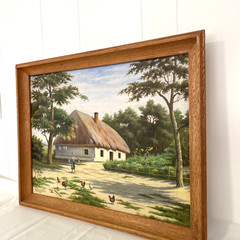 Vintage Mid Century Ukrainian Farm Landscape Painting Figural Daily Life 27×21″